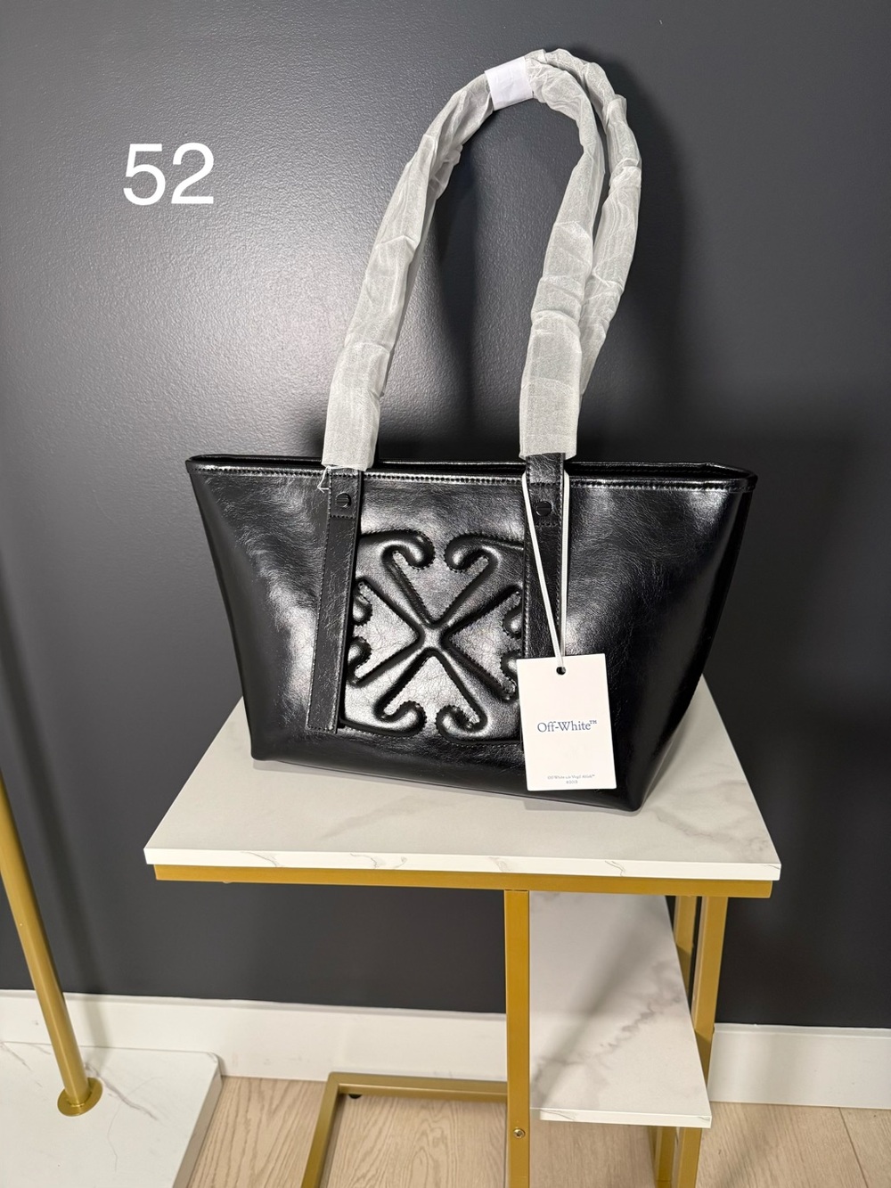 Off-White Black Leather Tote with Embossed Arrow Motif